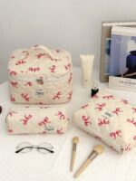 Set Pink Bow Knot & Rose Design Quilting Cosmetic Bag