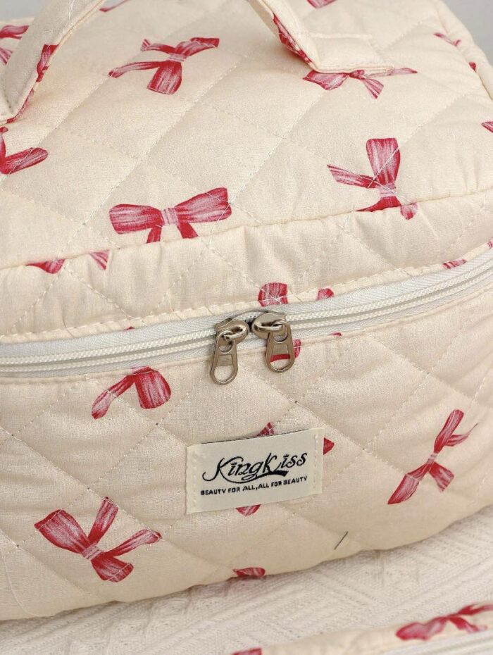 ⁦Set Pink Bow Knot & Rose Design Quilting Cosmetic Bag⁩ - الصورة ⁦3⁩