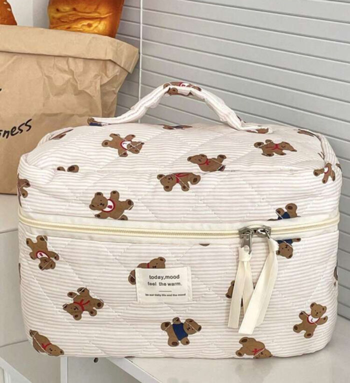 Beige Bear Pattern Large Capacity Multifunctional Cosmetie Bag - Image 3
