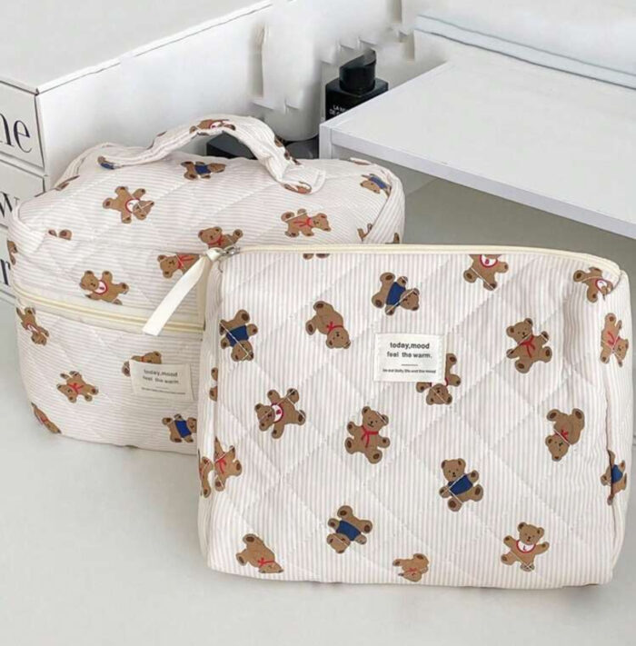 Beige Bear Pattern Large Capacity Multifunctional Cosmetie Bag - Image 2