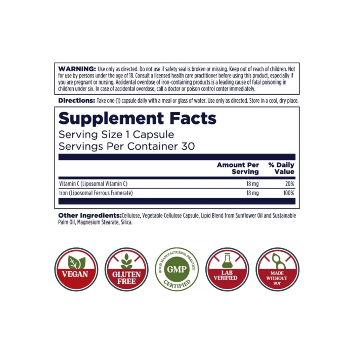 KAL Liposomal Iron Supplement with Liposomal Vitamin C - 30 veg cap - Image 2