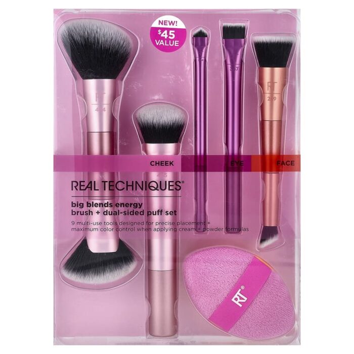 ⁦Real Techniques Big Blends Energy, Brush + Dual-Sided Puff Set 6 Piece Set⁩ - الصورة ⁦2⁩